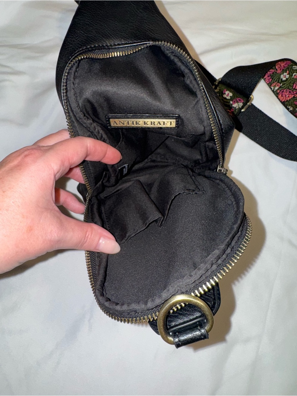 Antik Kraft Black Leather Crossbody Bag with Pink and Green Floral Strap - Picture 7 of 10